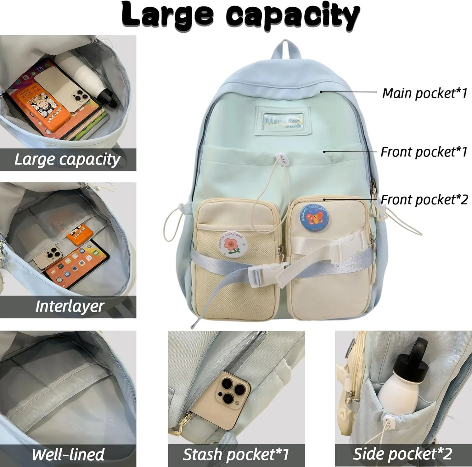Teclado Kawaii Backpack with Cute Accessories Nylon Casual Bookbags with Pendants Lightweight Laptop Bag Travel Daypacks (Purple)