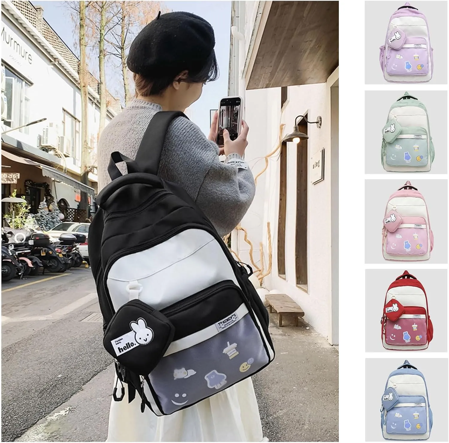 Teclado Kawaii Backpack with Cute Accessory Bag 18.1 Inch Cute Bookbags Lightweight Laptop Bag Casual Travel Daypacks (Black)