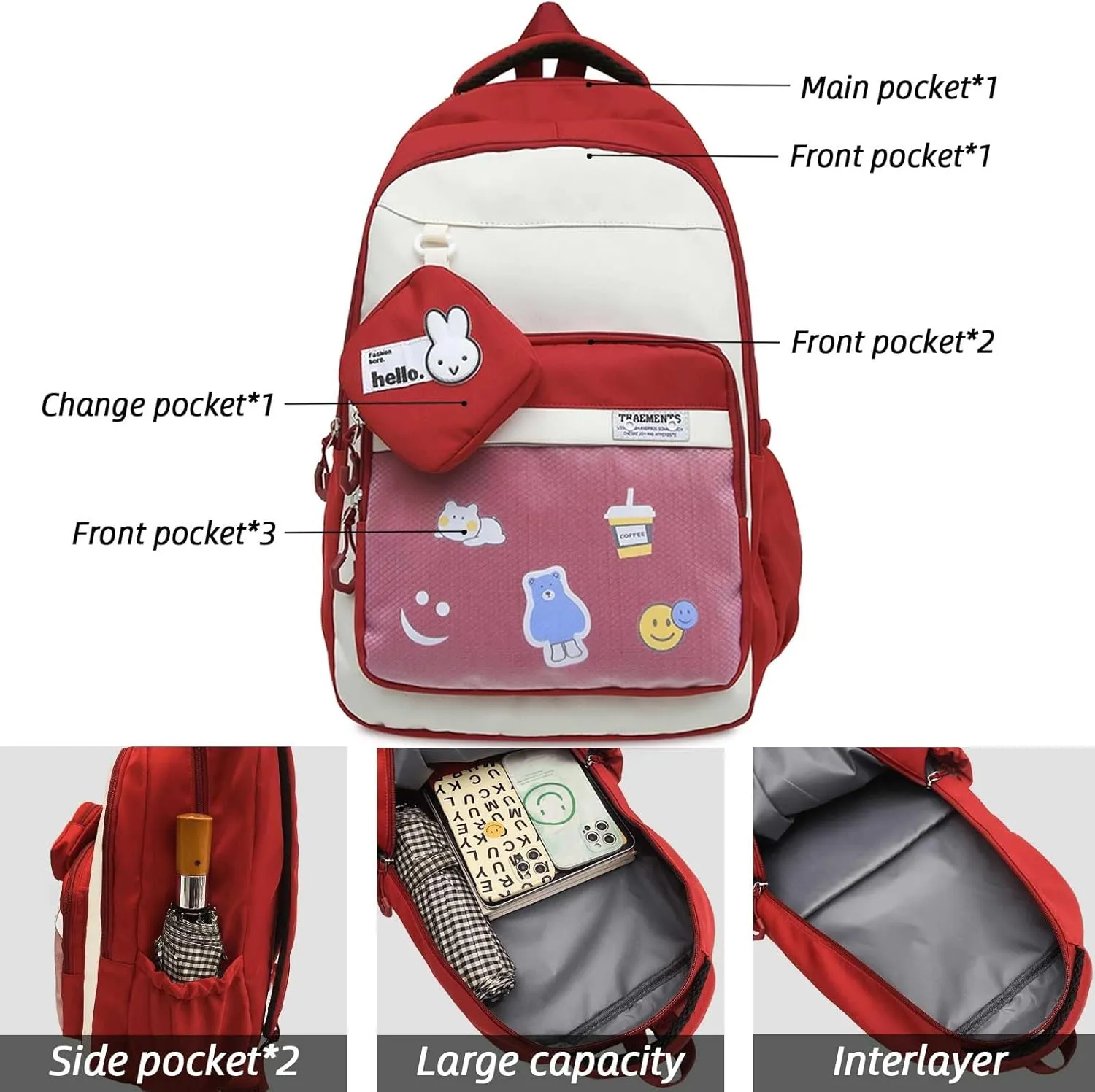 Teclado Kawaii Backpack with Cute Accessory Bag 18.1 Inch Cute Bookbags Lightweight Laptop Bag Casual Travel Daypacks (Red)