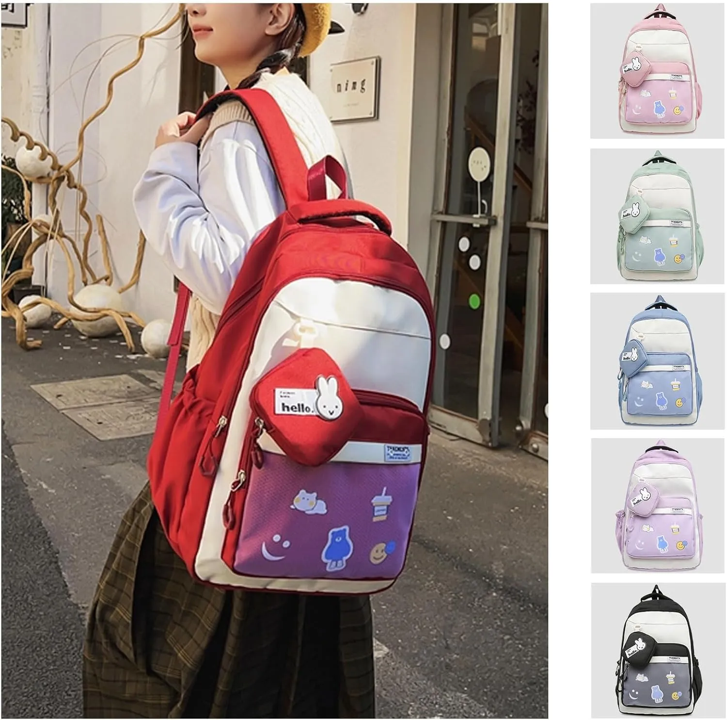 Teclado Kawaii Backpack with Cute Accessory Bag 18.1 Inch Cute Bookbags Lightweight Laptop Bag Casual Travel Daypacks (Red)