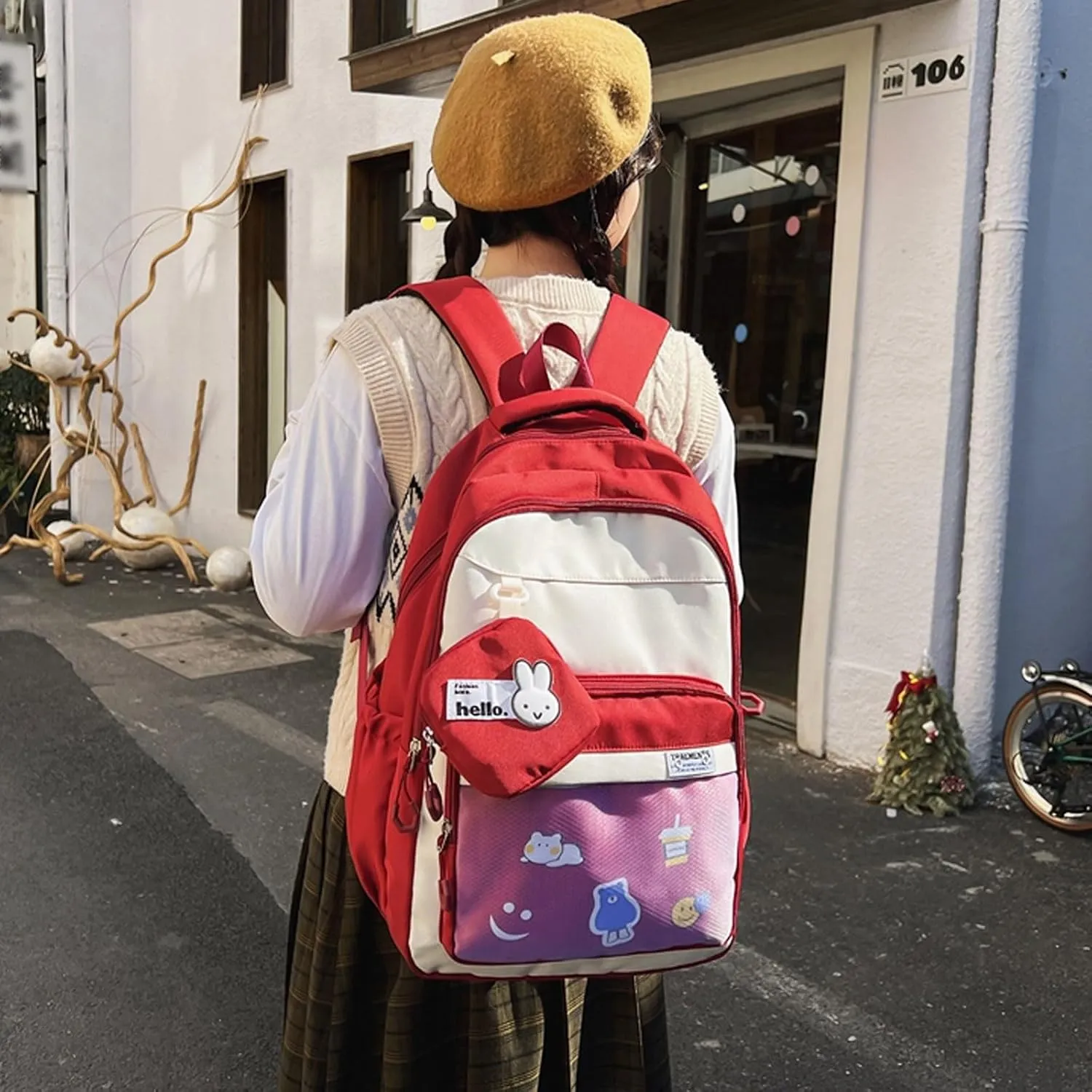 Teclado Kawaii Backpack with Cute Accessory Bag 18.1 Inch Cute Bookbags Lightweight Laptop Bag Casual Travel Daypacks (Red)