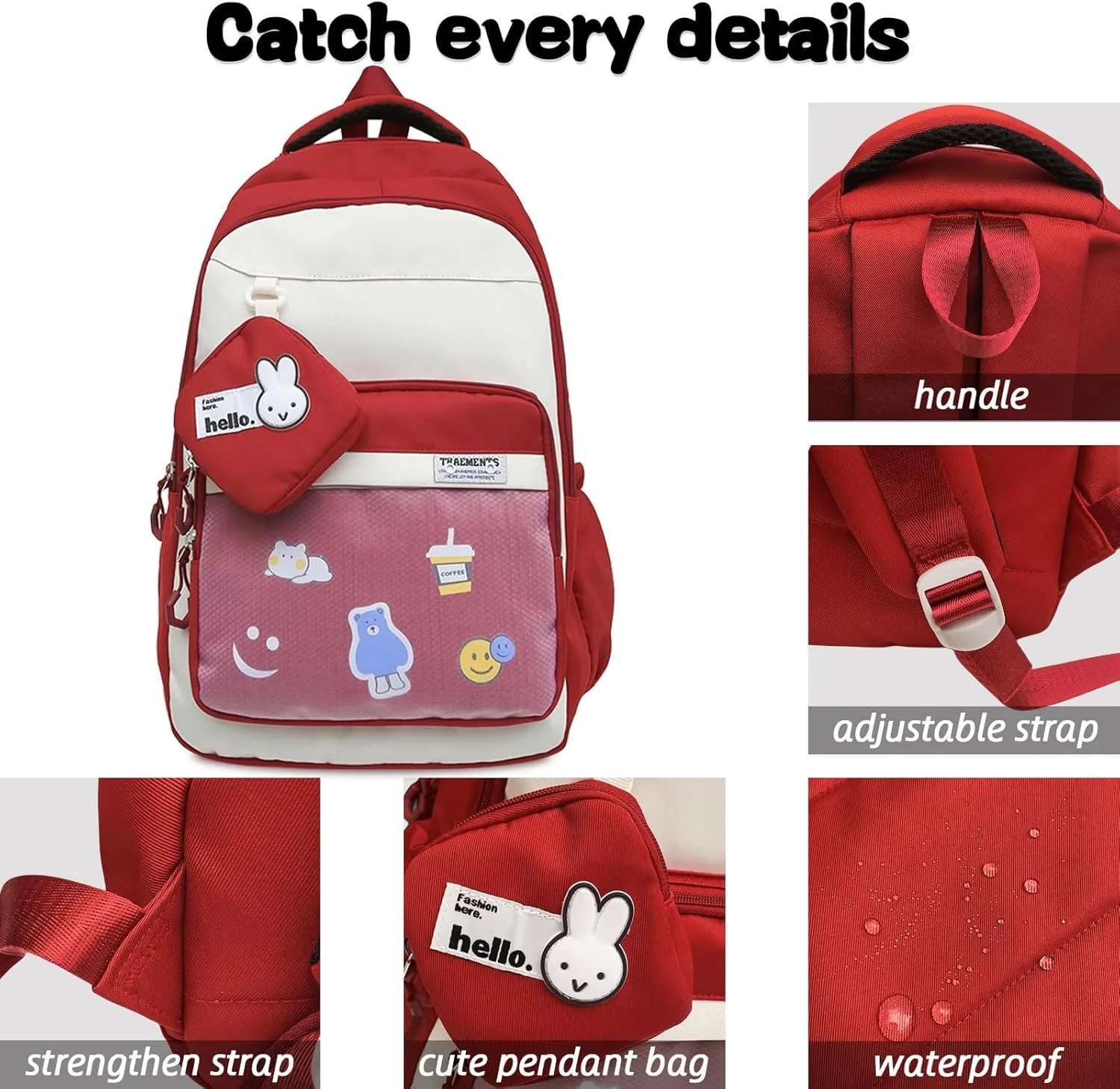 Teclado Kawaii Backpack with Cute Accessory Bag 18.1 Inch Cute Bookbags Lightweight Laptop Bag Casual Travel Daypacks (Red)
