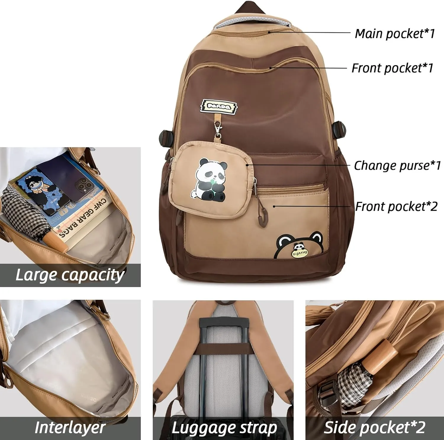 Teclado Kawaii Backpack with Cute Accessory Bag Panda Pattern 18.1 Inch Bookbags Laptop Bag Casual Lightweight Travel Daypacks (Black)