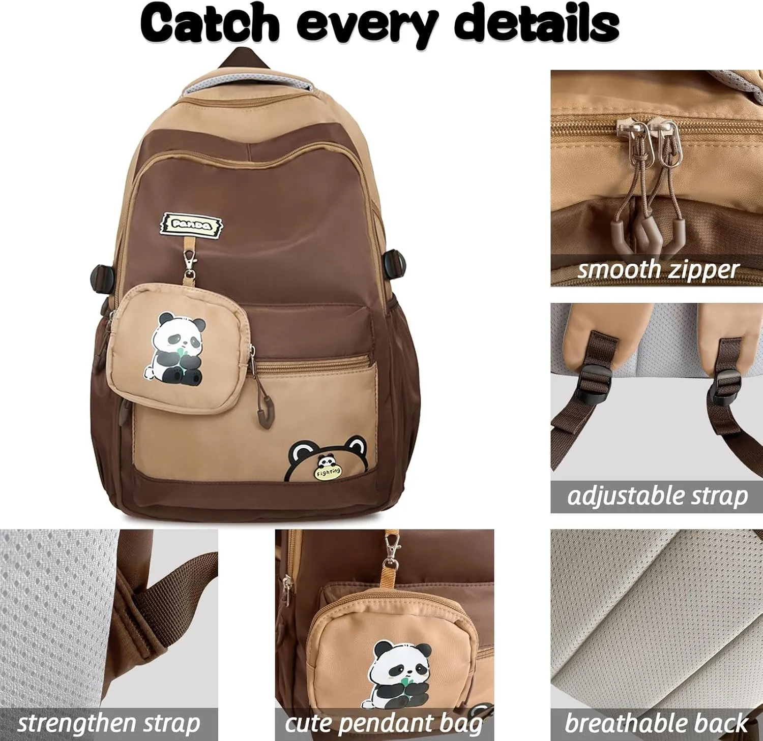 Teclado Kawaii Backpack with Cute Accessory Bag Panda Pattern 18.1 Inch Bookbags Laptop Bag Casual Lightweight Travel Daypacks (Black)
