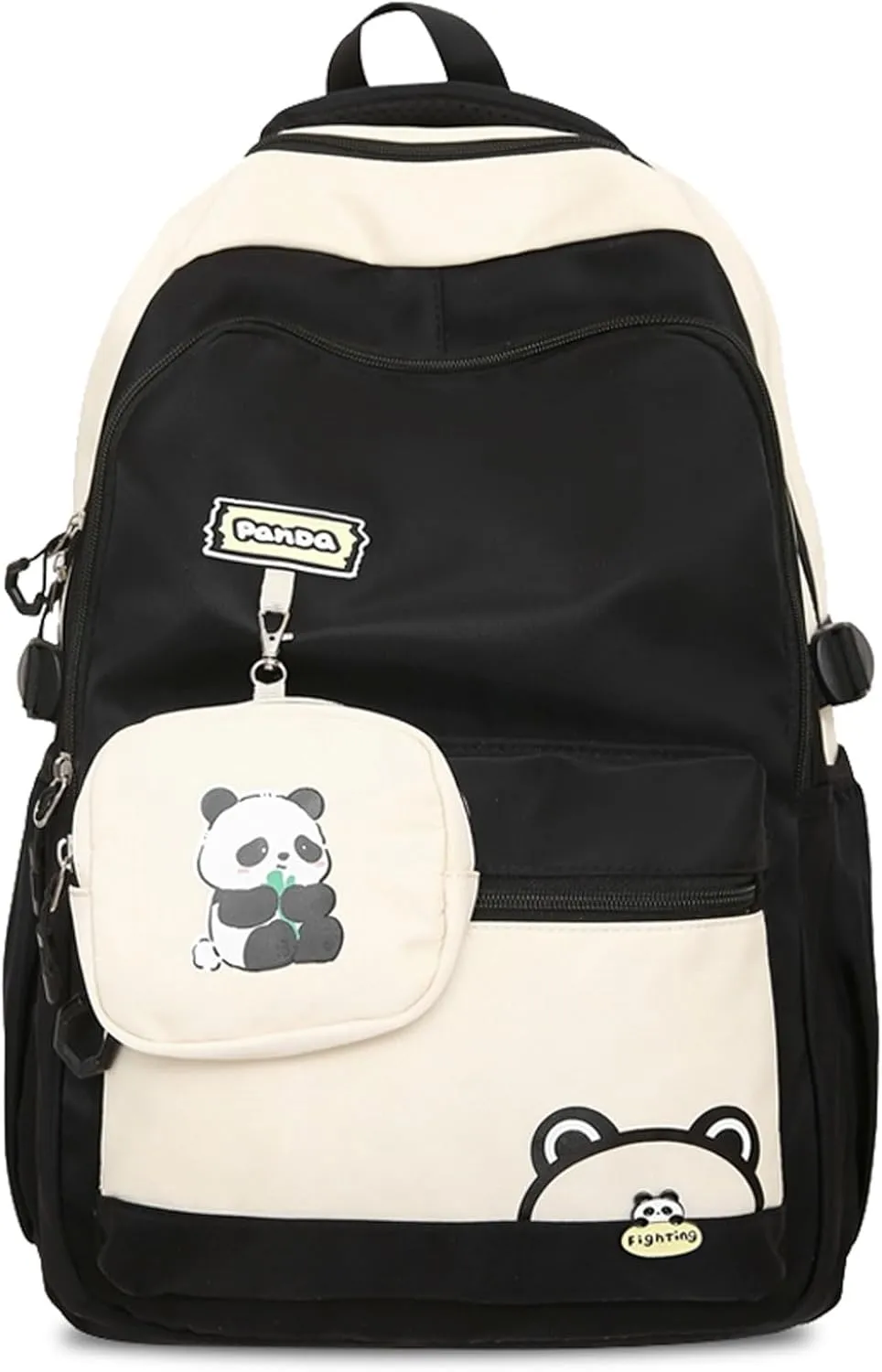 Teclado Kawaii Backpack with Cute Accessory Bag Panda Pattern 18.1 Inch Bookbags Laptop Bag Casual Lightweight Travel Daypacks (Black)