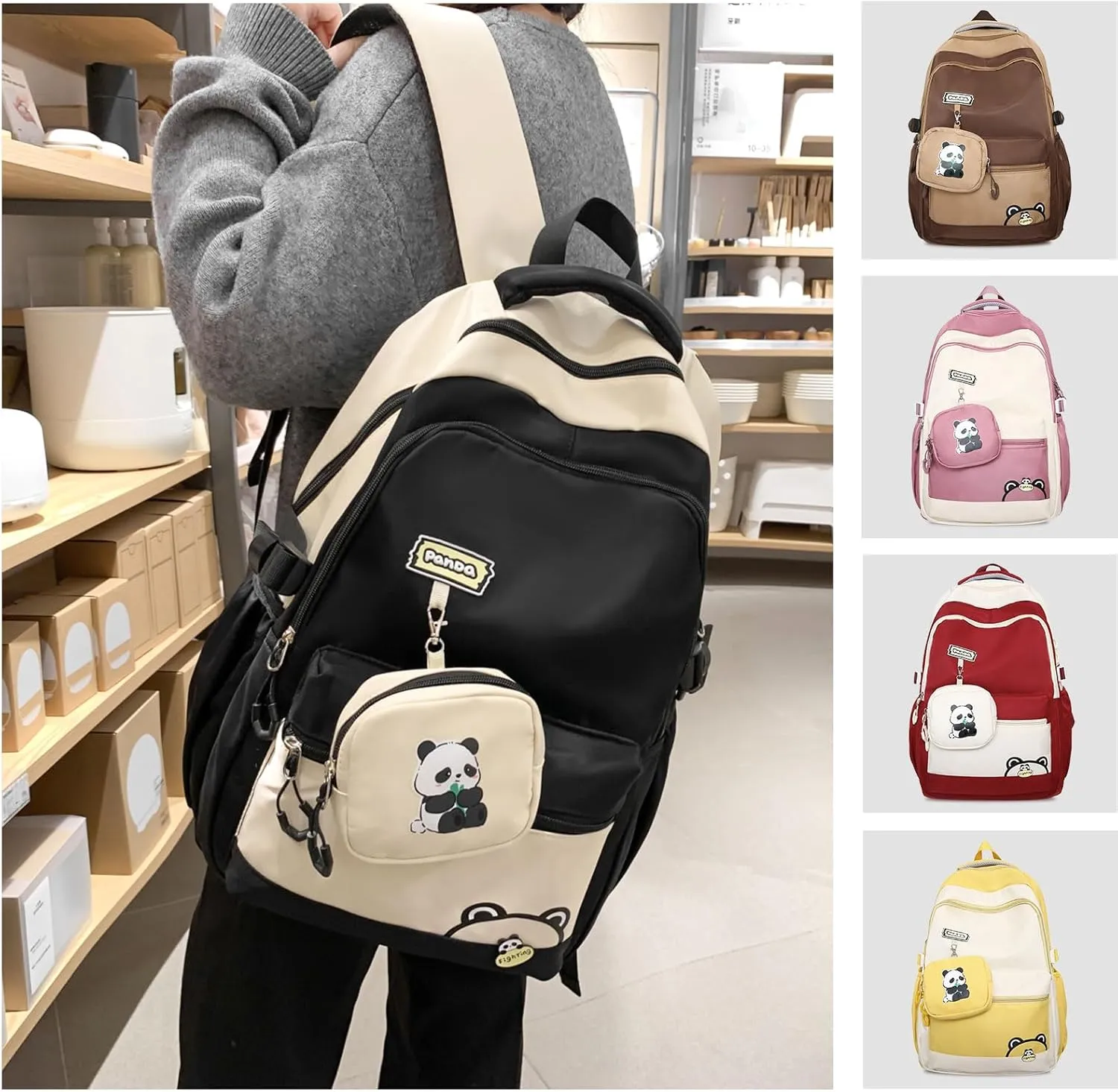 Teclado Kawaii Backpack with Cute Accessory Bag Panda Pattern 18.1 Inch Bookbags Laptop Bag Casual Lightweight Travel Daypacks (Black)