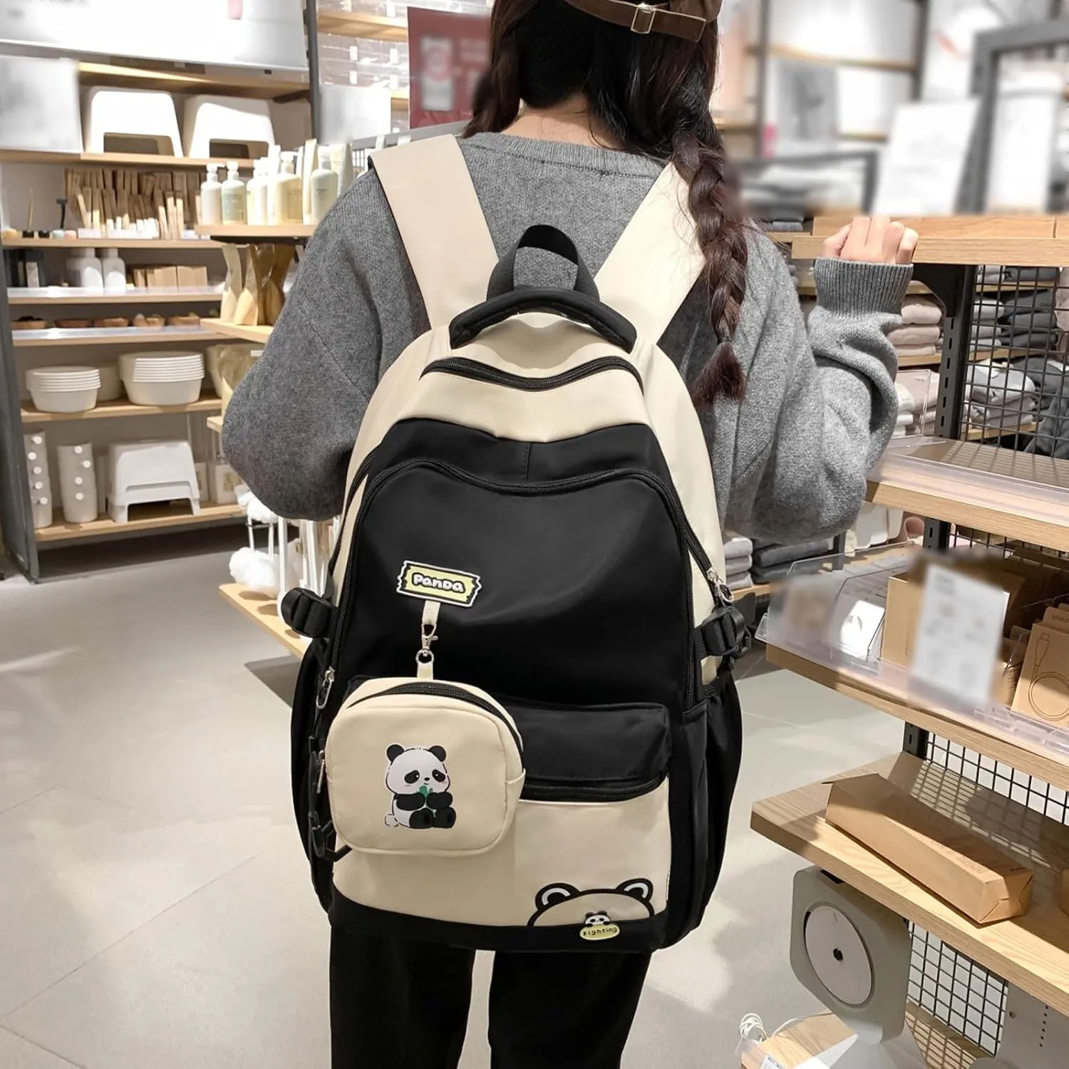 Teclado Kawaii Backpack with Cute Accessory Bag Panda Pattern 18.1 Inch Bookbags Laptop Bag Casual Lightweight Travel Daypacks (Black)