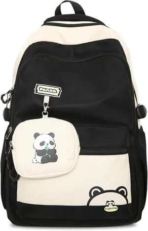 Teclado Kawaii Backpack with Cute Accessory Bag Panda Pattern 18.1 Inch Bookbags Laptop Bag Casual Lightweight Travel Daypacks (Black)