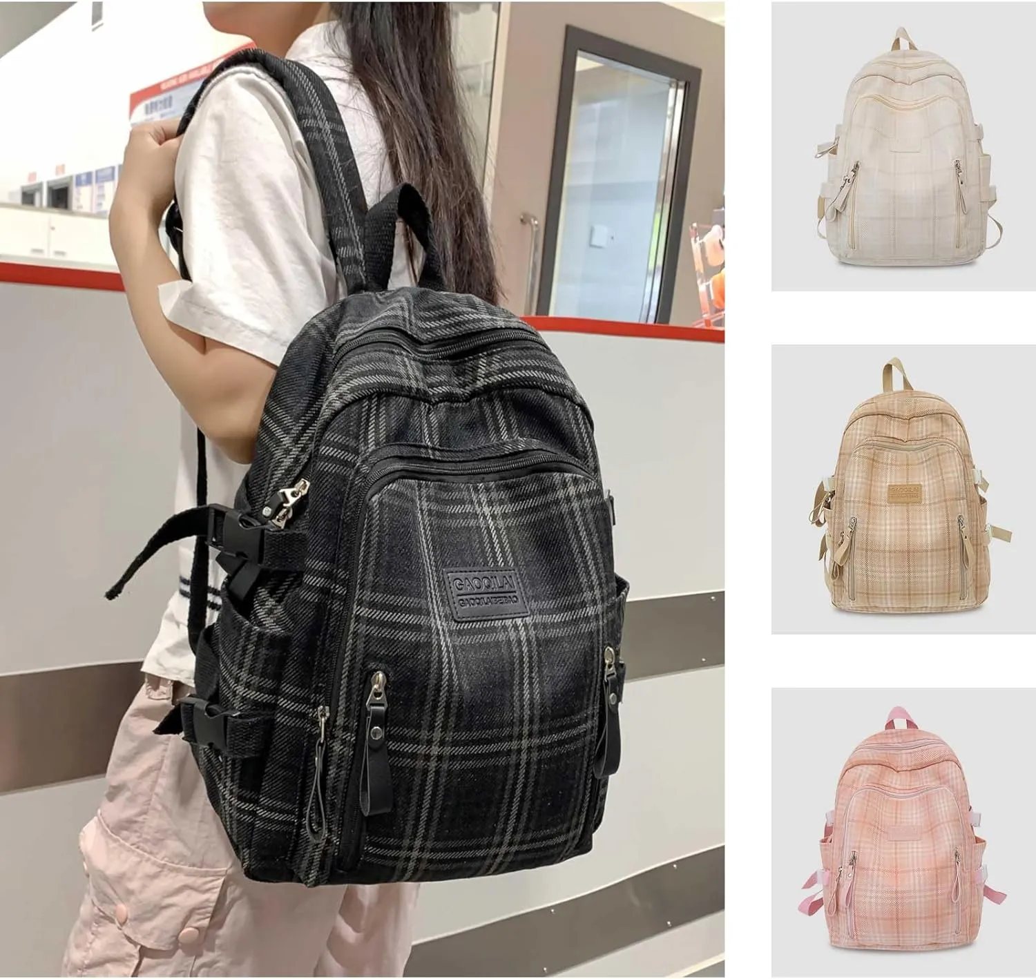 Teclado Plaid Backpack Vintage Casual Bookbags Lightweight Travel Daypacks (Black)