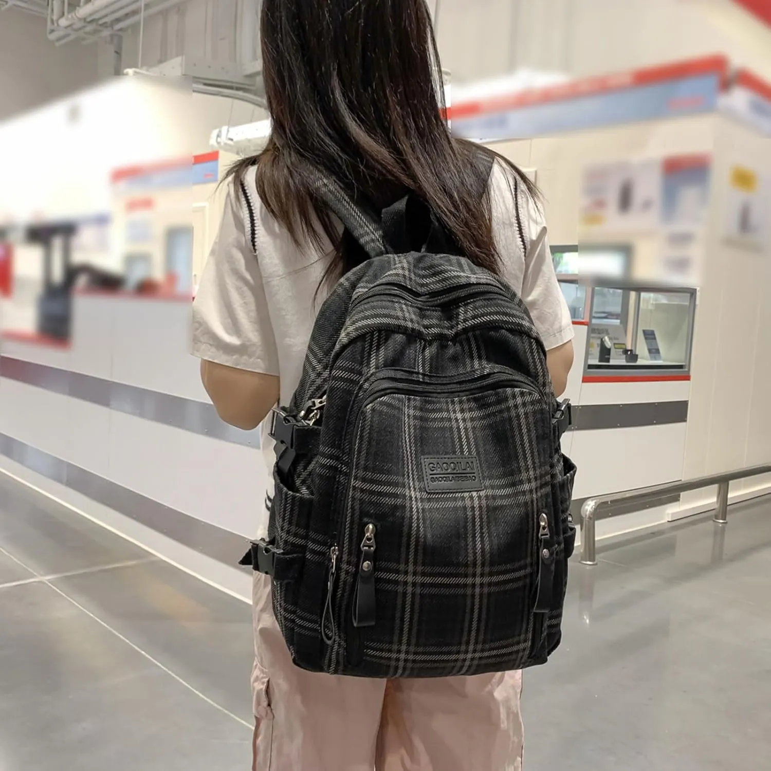 Teclado Plaid Backpack Vintage Casual Bookbags Lightweight Travel Daypacks (Black)