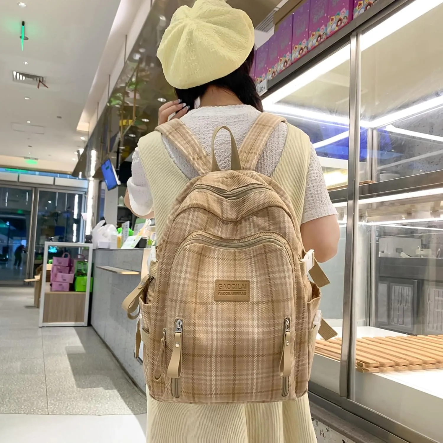 Teclado Plaid Backpack Vintage Casual Bookbags Lightweight Travel Daypacks (Brown)
