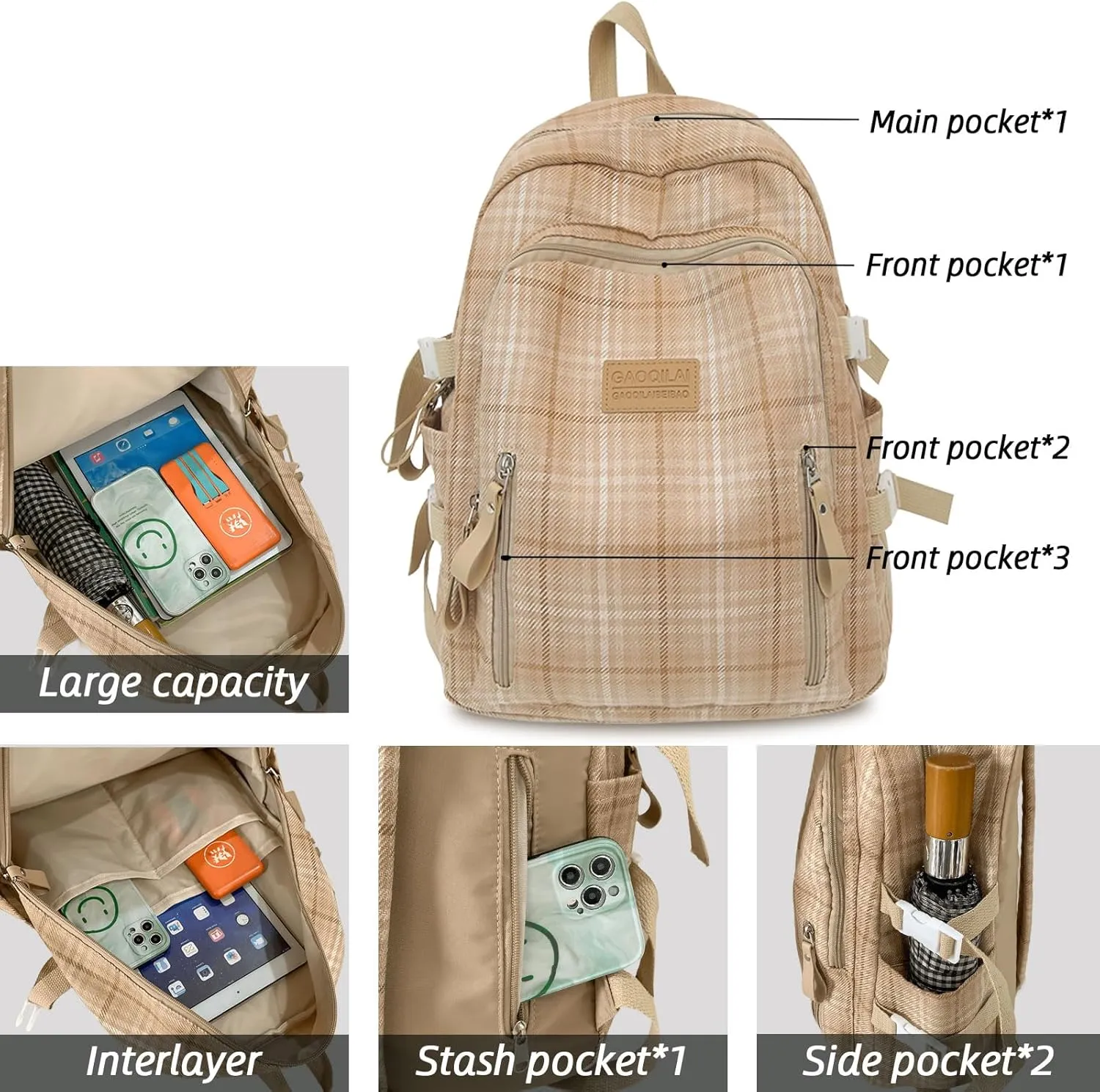 Teclado Plaid Backpack Vintage Casual Bookbags Lightweight Travel Daypacks (Brown)