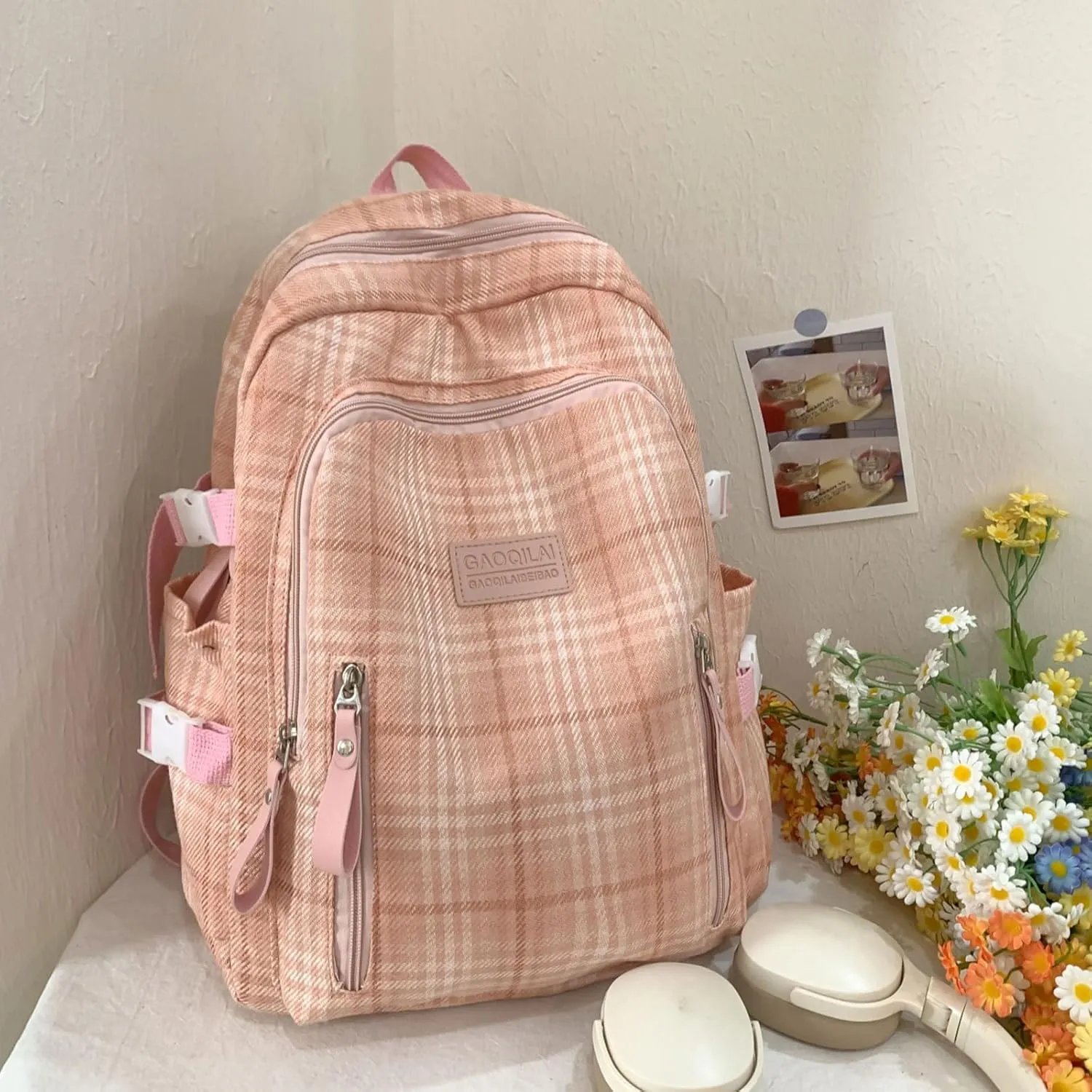 Teclado Plaid Backpack Vintage Casual Bookbags Lightweight Travel Daypacks (Pink)