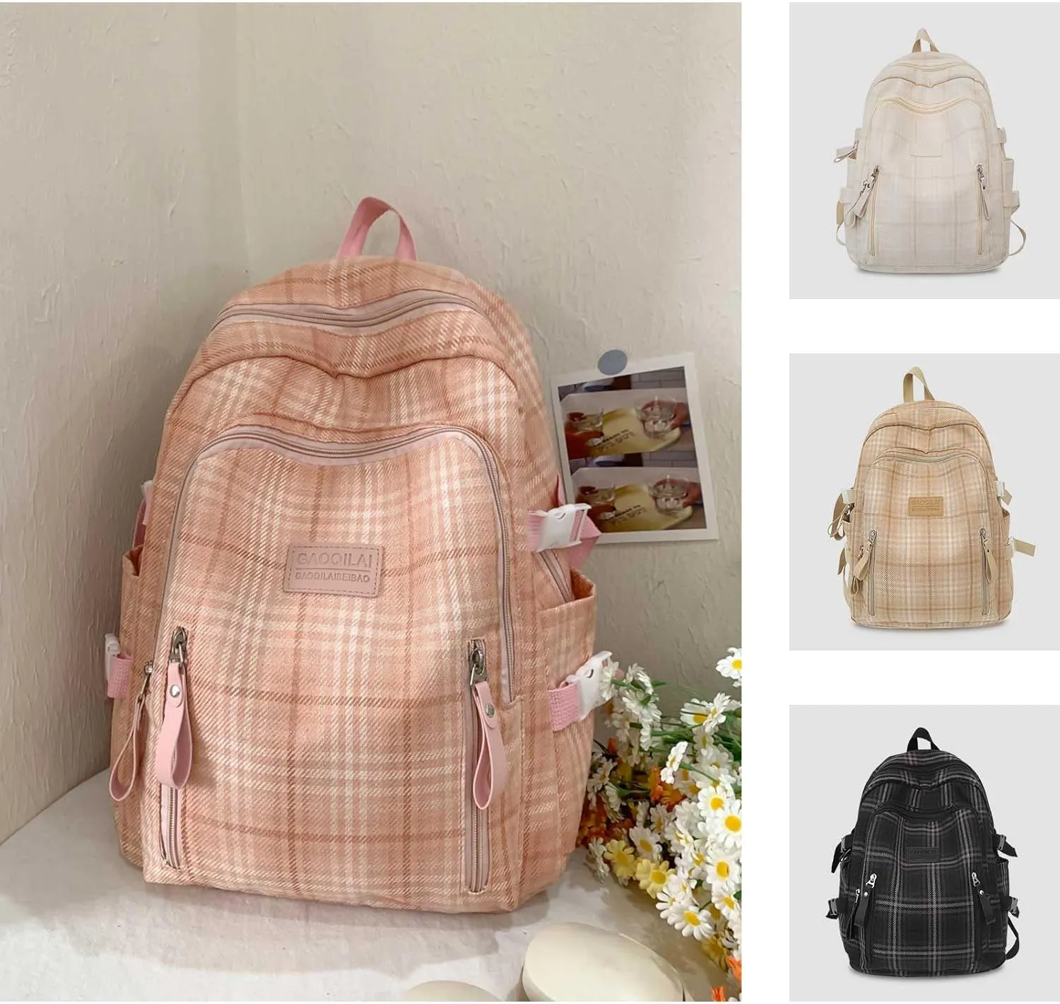 Teclado Plaid Backpack Vintage Casual Bookbags Lightweight Travel Daypacks (Pink)