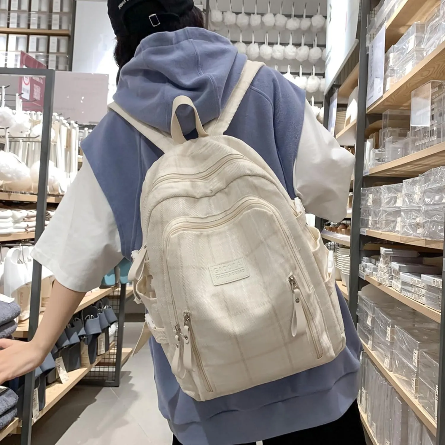 Teclado Plaid Backpack Vintage Casual Bookbags Lightweight Travel Daypacks (White)