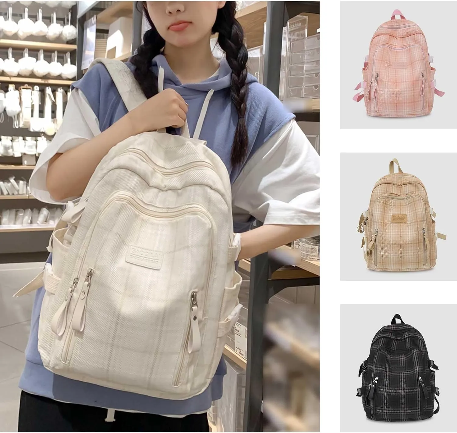 Teclado Plaid Backpack Vintage Casual Bookbags Lightweight Travel Daypacks (White)