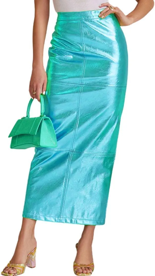THLAI Women Faux Leather Midi Skirt Y2k Metallic Skirt Sexy Back Split Skirt High Waist Bodycon Pencil Maxi Skirt PU Skirt