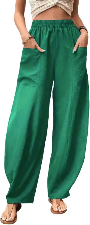 TIAFORD Women's High Waist Baggy Linen Wide Leg Trousers Casual Solid Color Elastic Waist Harem Pants with Front Pockets
