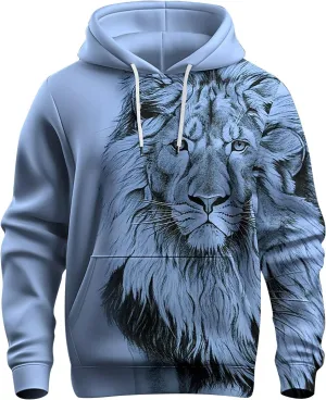 Trendy Workout Hoodies for Men 3D Lion Graphic Drawstring Long Sleeve Hooded Pullover Gym Athletic Casual Sweatshirts