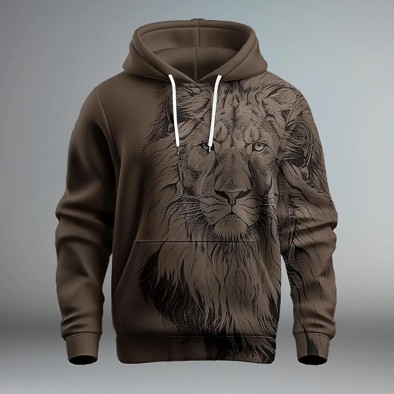Trendy Workout Hoodies for Men 3D Lion Graphic Drawstring Long Sleeve Hooded Pullover Gym Athletic Casual Sweatshirts