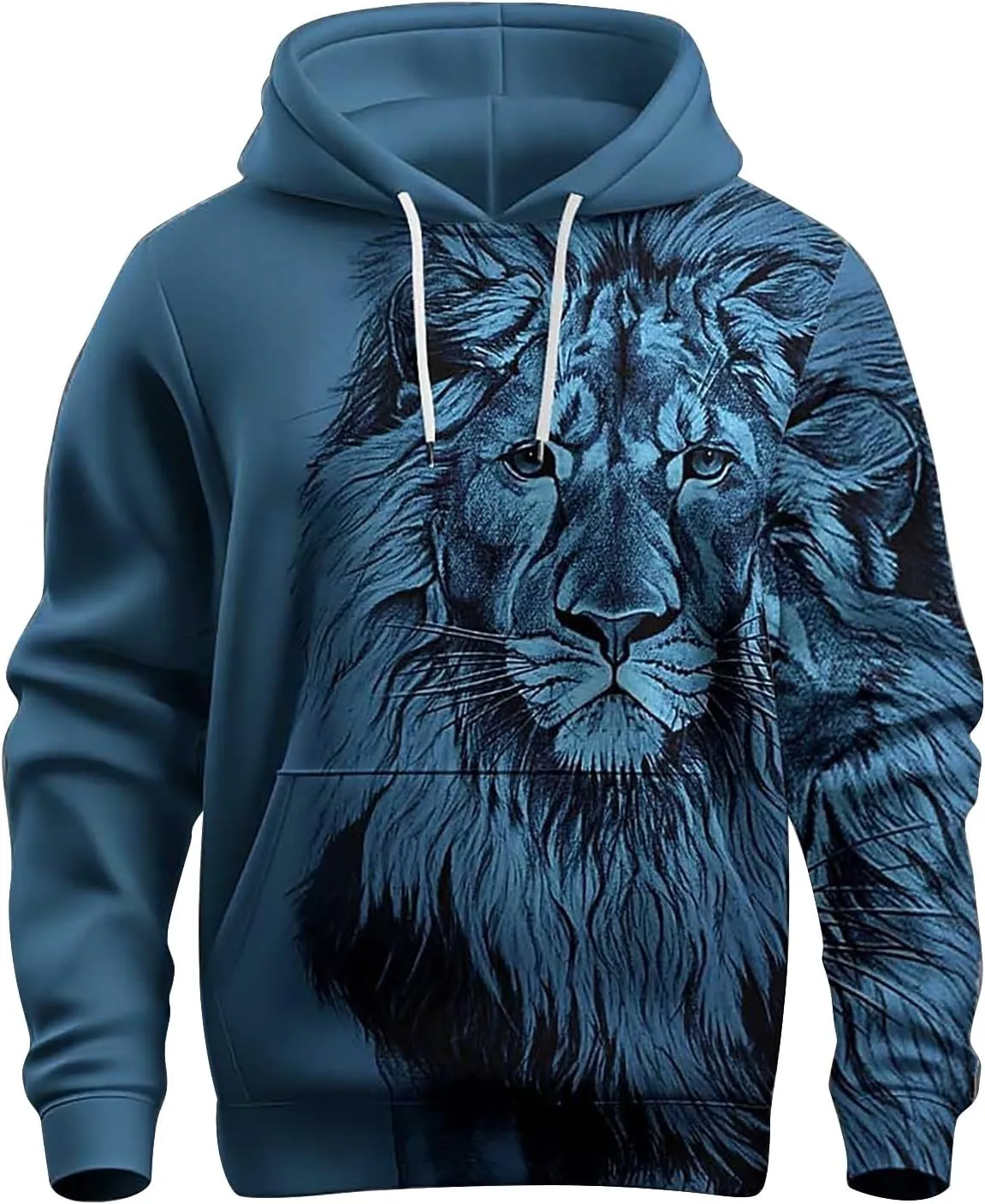 Trendy Workout Hoodies for Men 3D Lion Graphic Drawstring Long Sleeve Hooded Pullover Gym Athletic Casual Sweatshirts