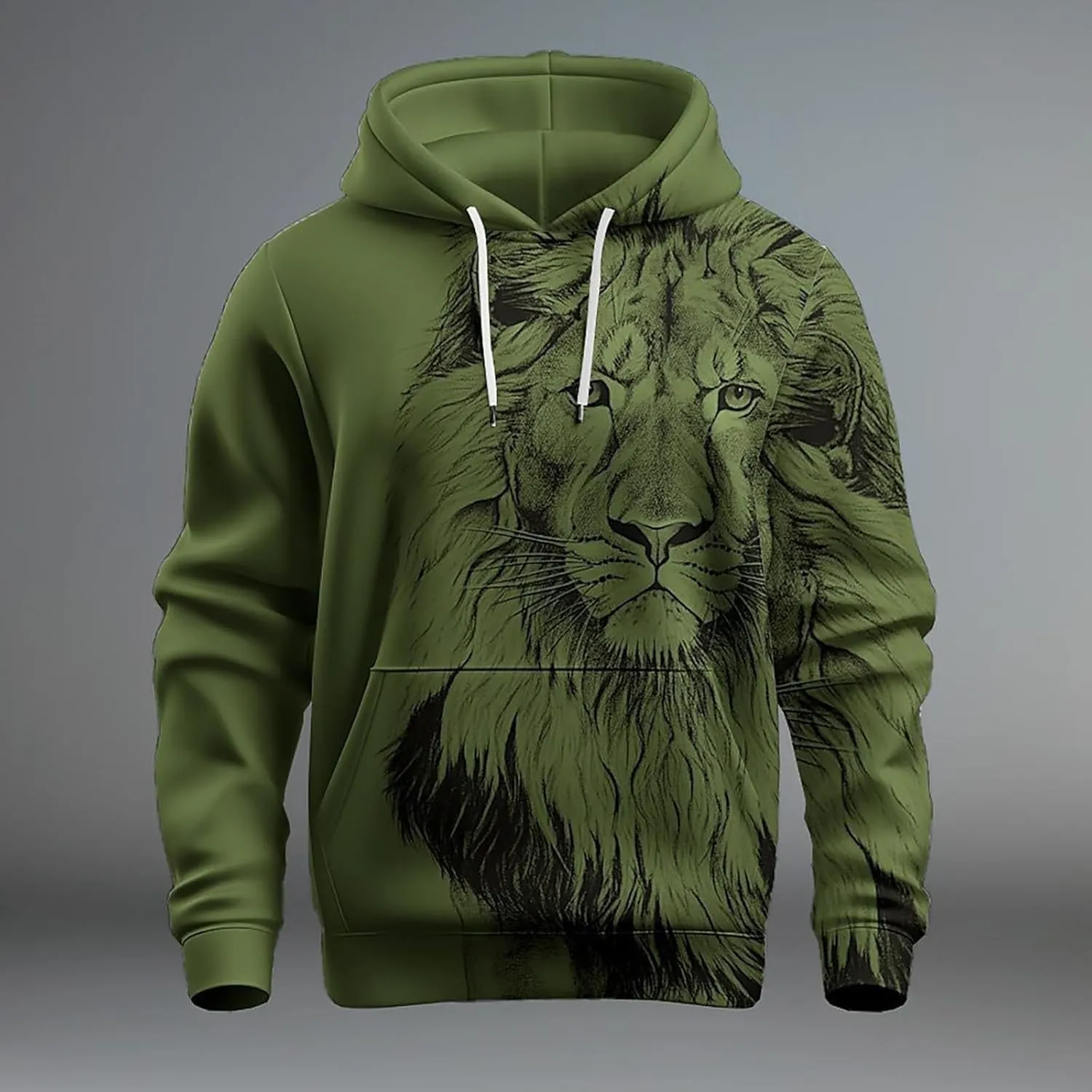 Trendy Workout Hoodies for Men 3D Lion Graphic Drawstring Long Sleeve Hooded Pullover Gym Athletic Casual Sweatshirts