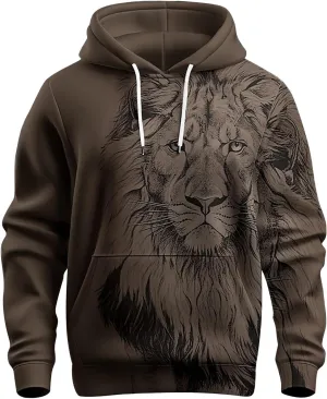 Trendy Workout Hoodies for Men 3D Lion Graphic Drawstring Long Sleeve Hooded Pullover Gym Athletic Casual Sweatshirts