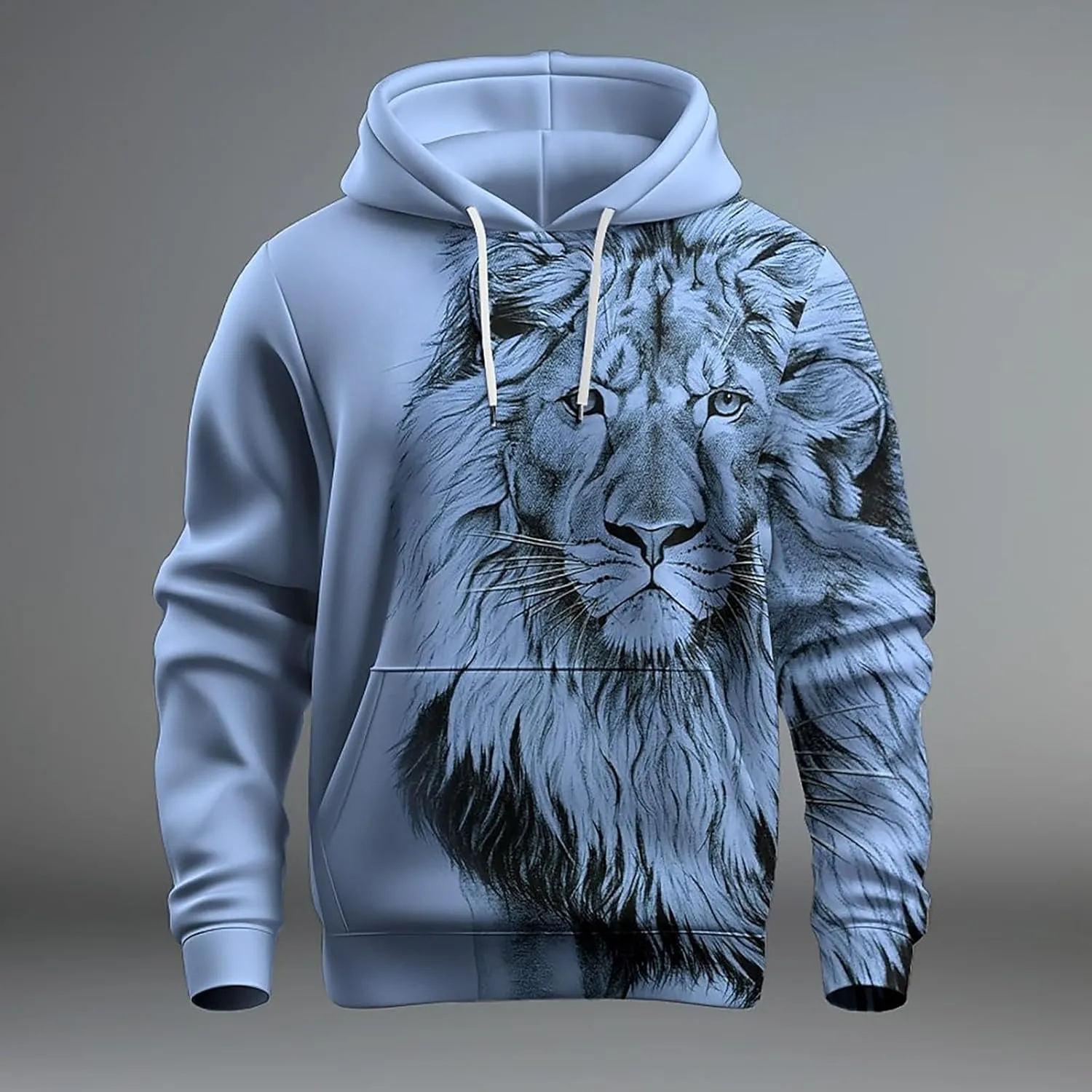 Trendy Workout Hoodies for Men 3D Lion Graphic Drawstring Long Sleeve Hooded Pullover Gym Athletic Casual Sweatshirts