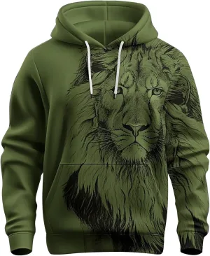 Trendy Workout Hoodies for Men 3D Lion Graphic Drawstring Long Sleeve Hooded Pullover Gym Athletic Casual Sweatshirts