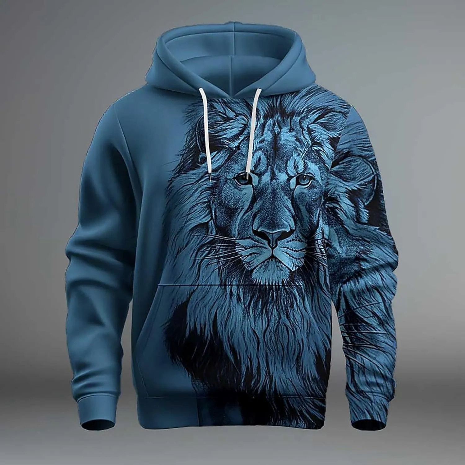 Trendy Workout Hoodies for Men 3D Lion Graphic Drawstring Long Sleeve Hooded Pullover Gym Athletic Casual Sweatshirts