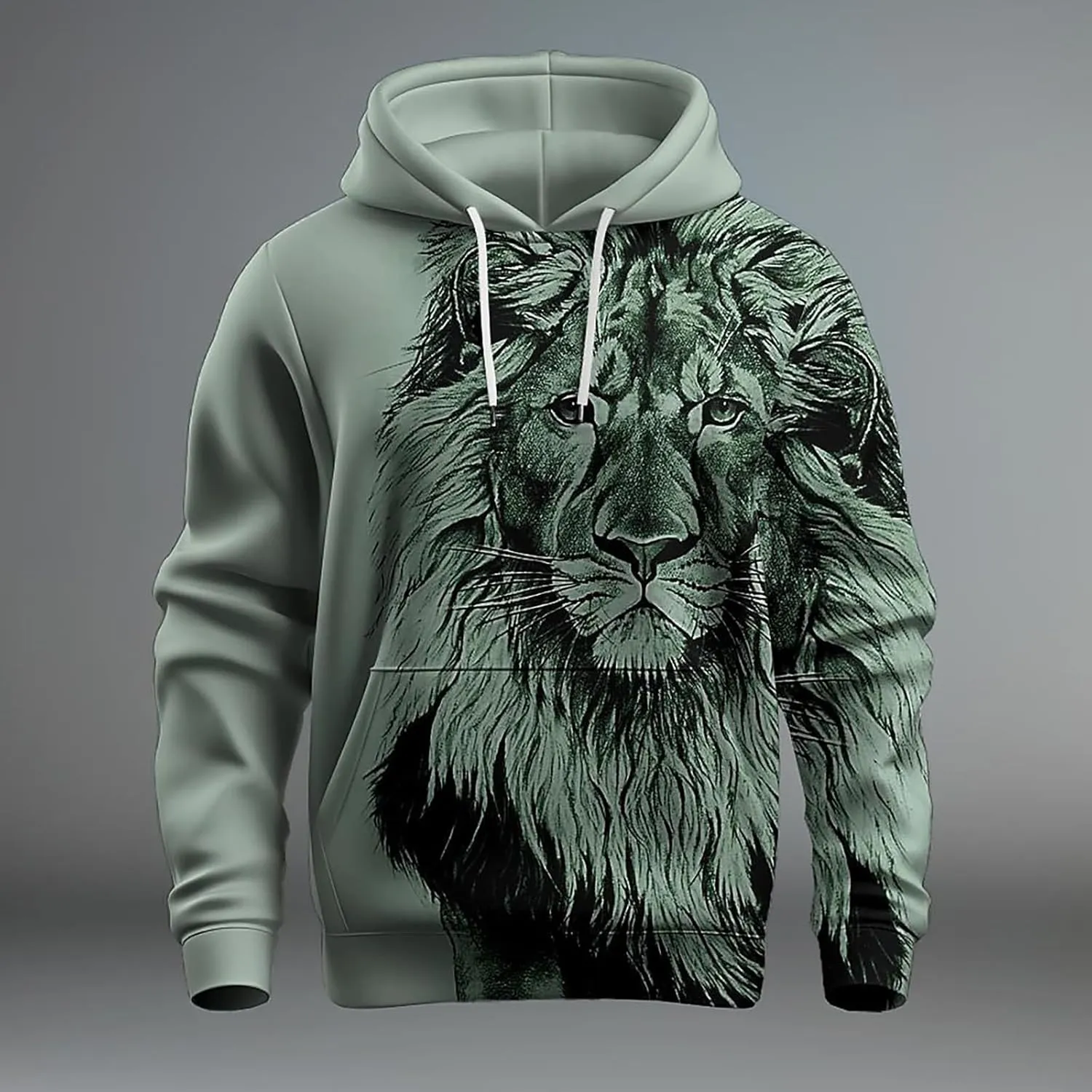 Trendy Workout Hoodies for Men 3D Lion Graphic Drawstring Long Sleeve Hooded Pullover Gym Athletic Casual Sweatshirts