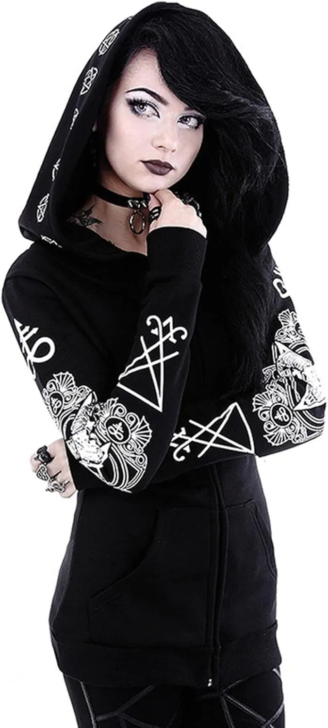 tuduoms Black Punk Gothic Hoodie Women Long Sleeve Zip Up Hoodie Moon Jacket Top Long Sweatshirts Plus Size Y2k Goth Clothing