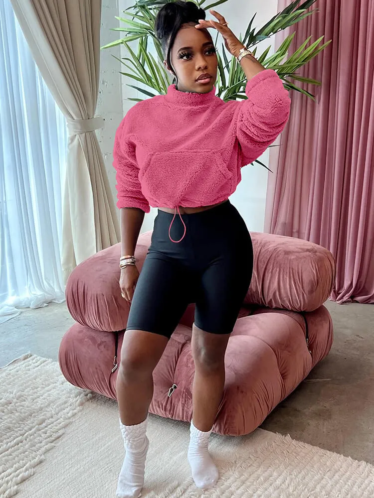 Two Piece Fleece Tops & Bodycon Shorts