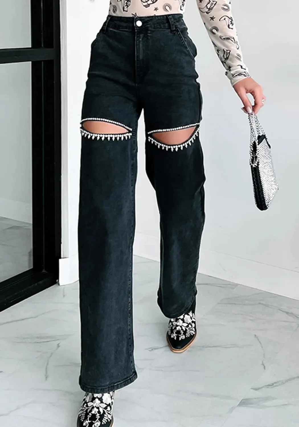 Unybwonn Women High Waist Baggy Ripped Jeans Rhinestone Trim Bling Denim Pants Y2k Straight Wide Leg Pants Streetwear