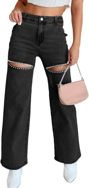 Unybwonn Women High Waist Baggy Ripped Jeans Rhinestone Trim Bling Denim Pants Y2k Straight Wide Leg Pants Streetwear