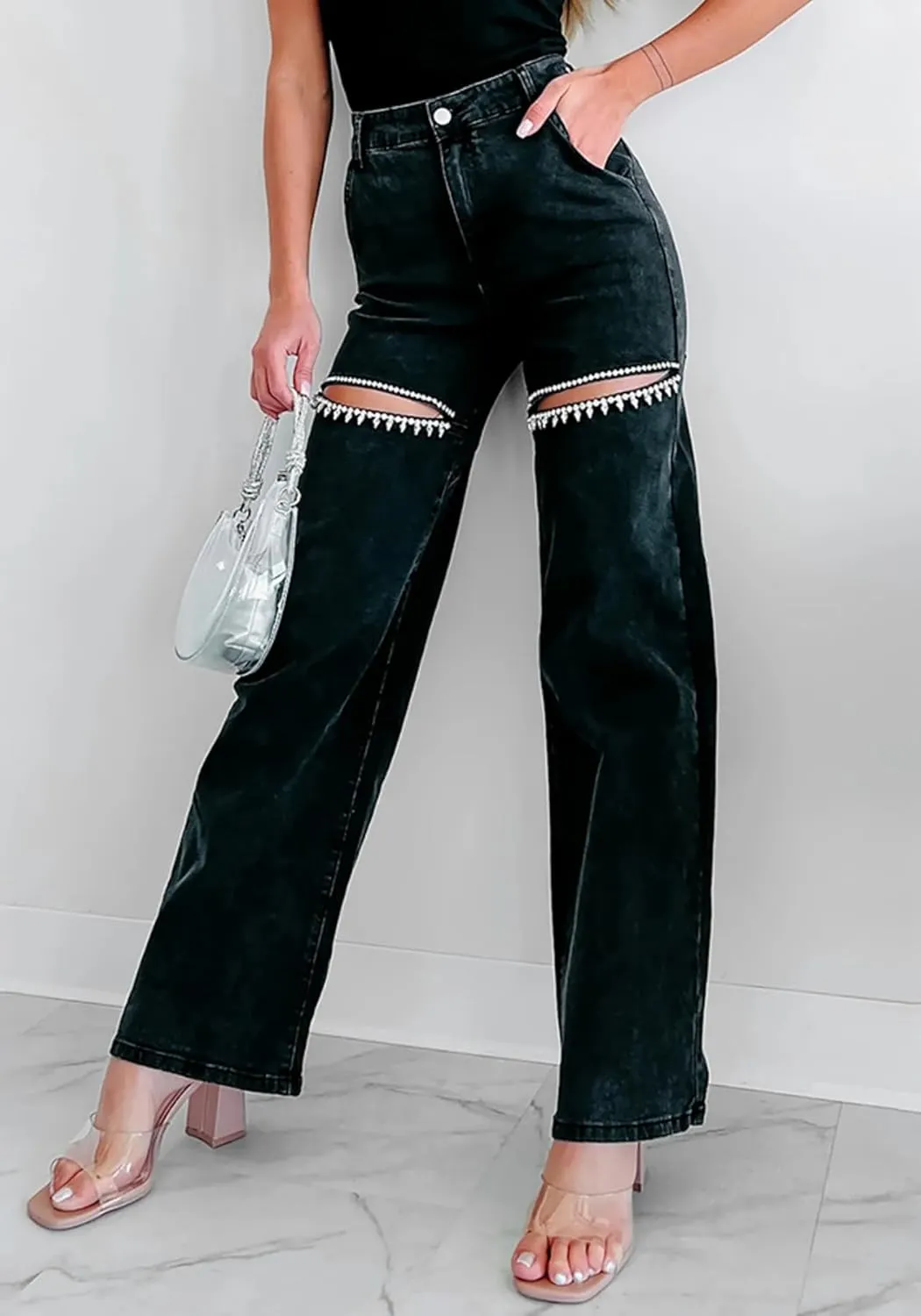 Unybwonn Women High Waist Baggy Ripped Jeans Rhinestone Trim Bling Denim Pants Y2k Straight Wide Leg Pants Streetwear