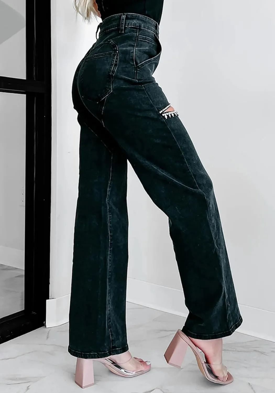 Unybwonn Women High Waist Baggy Ripped Jeans Rhinestone Trim Bling Denim Pants Y2k Straight Wide Leg Pants Streetwear