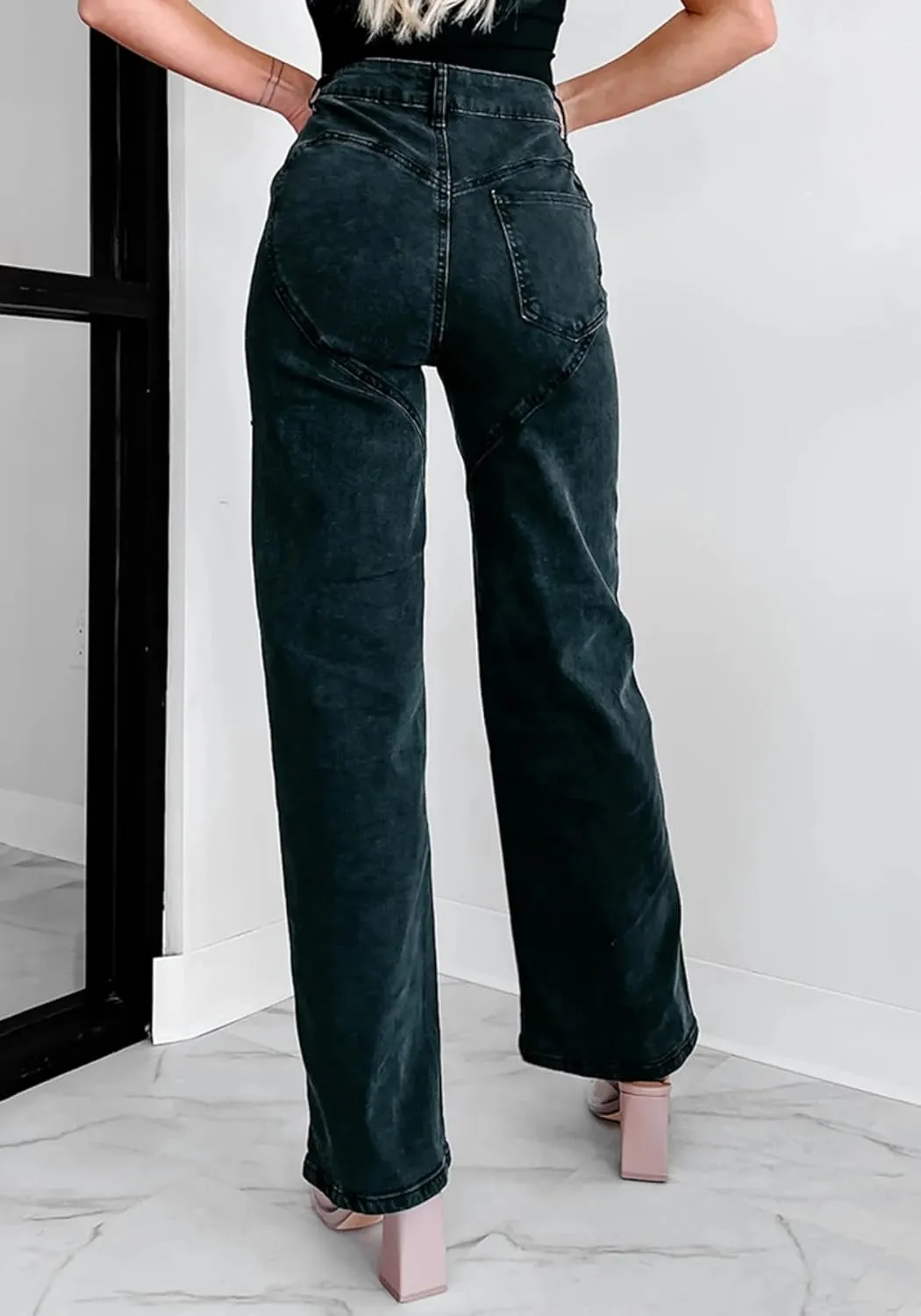 Unybwonn Women High Waist Baggy Ripped Jeans Rhinestone Trim Bling Denim Pants Y2k Straight Wide Leg Pants Streetwear
