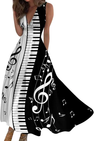 Vacation Dresses for Women, Summer Beach Plus Size V-Neck Sleeveless Fashion Dress Flowy Floral Printing Long Dresses