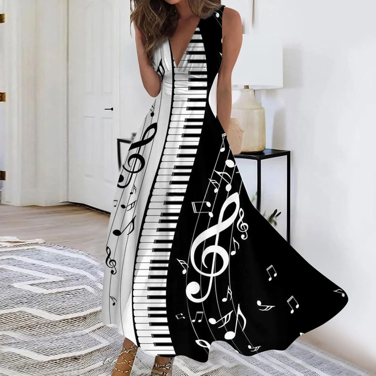 Vacation Dresses for Women, Summer Beach Plus Size V-Neck Sleeveless Fashion Dress Flowy Floral Printing Long Dresses