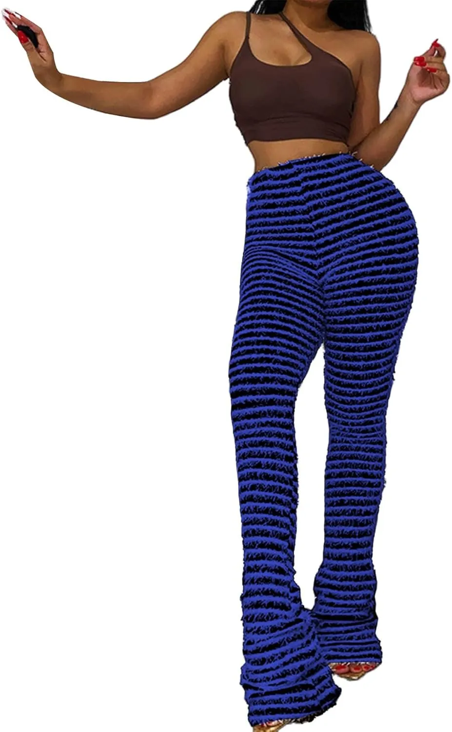 Vakkest Women's Striped Knitted Stacked Leggings Pants Hip Lifting Casual Streetwear Trousers Y2K Fluffy Jogger Sweatpants