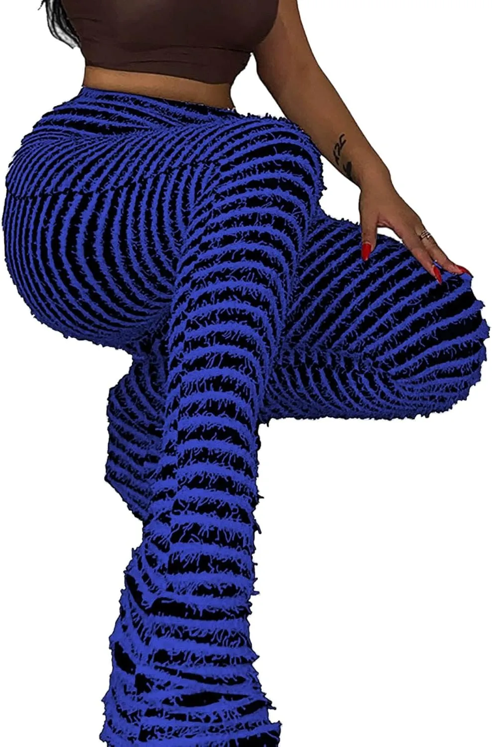 Vakkest Women's Striped Knitted Stacked Leggings Pants Hip Lifting Casual Streetwear Trousers Y2K Fluffy Jogger Sweatpants