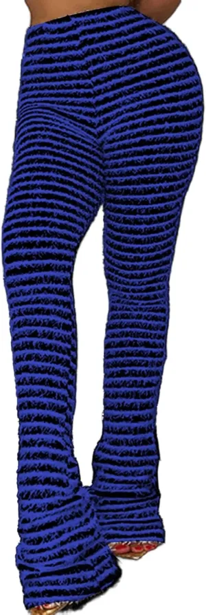 Vakkest Women's Striped Knitted Stacked Leggings Pants Hip Lifting Casual Streetwear Trousers Y2K Fluffy Jogger Sweatpants