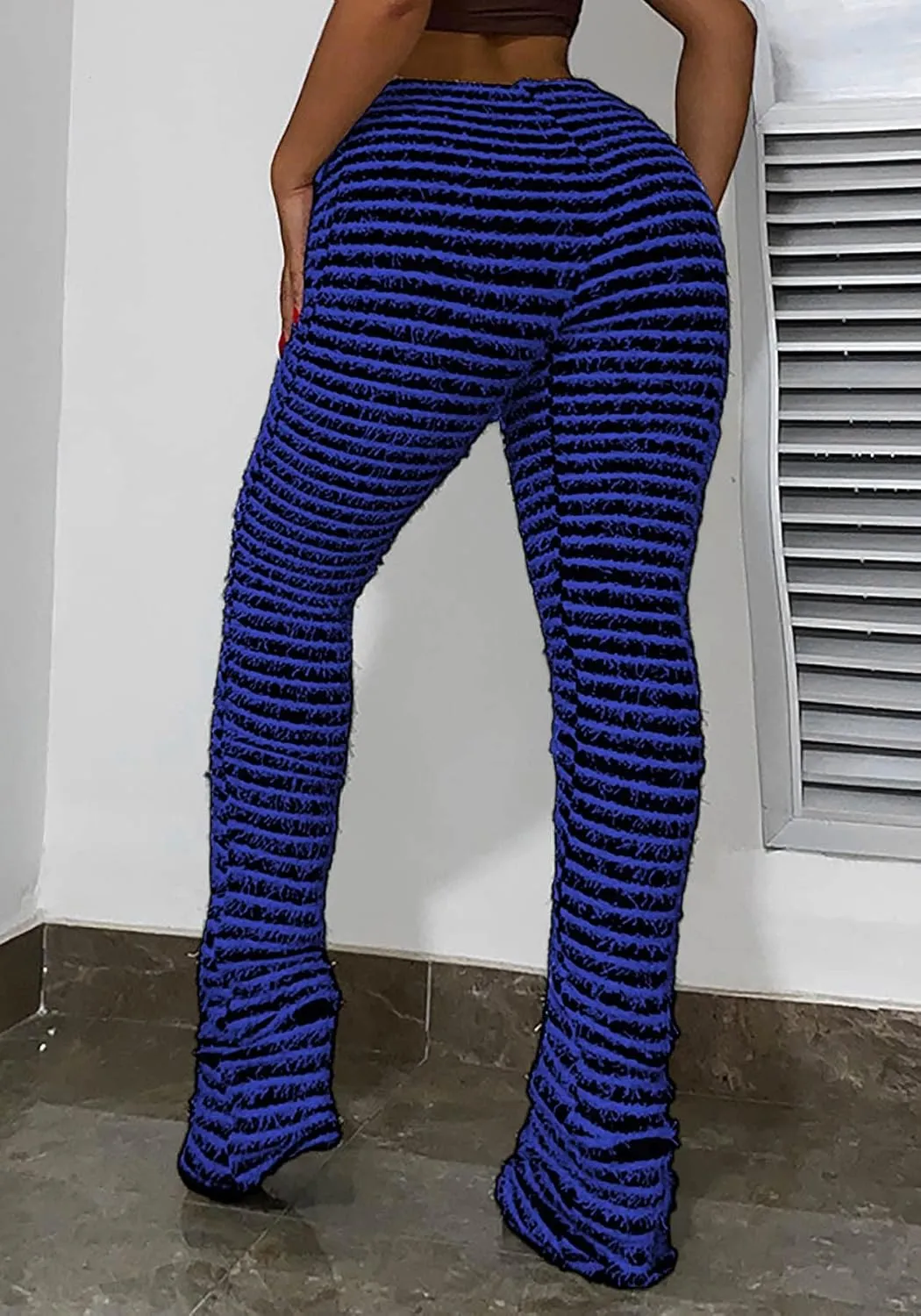 Vakkest Women's Striped Knitted Stacked Leggings Pants Hip Lifting Casual Streetwear Trousers Y2K Fluffy Jogger Sweatpants