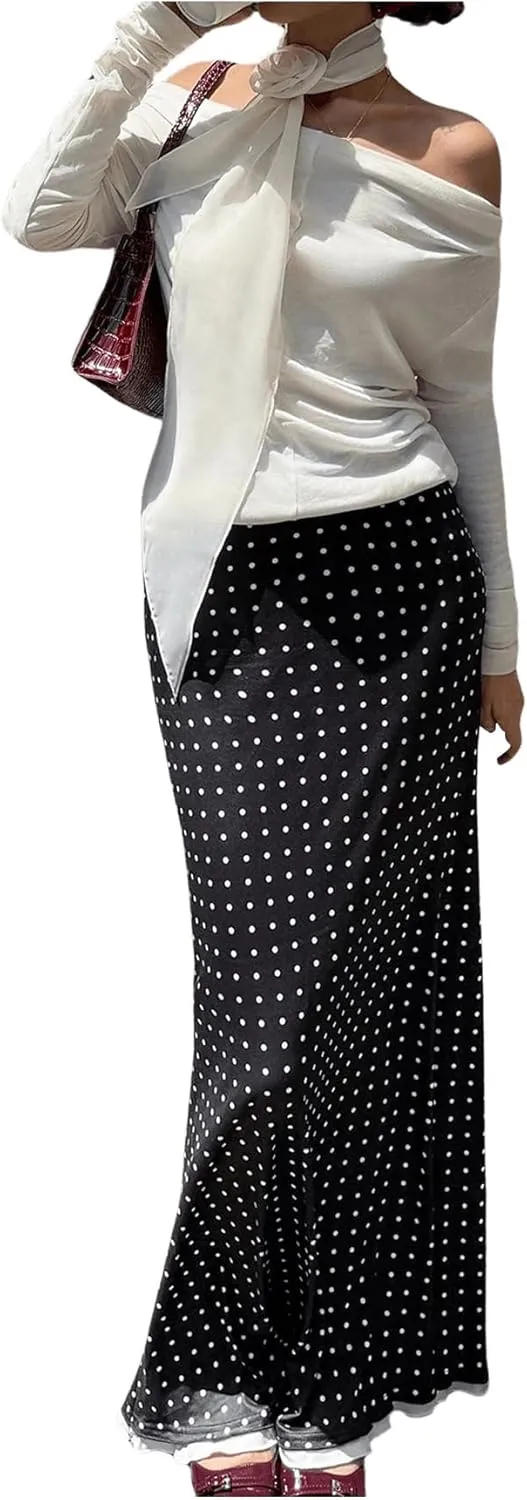 Verdusa Women's Polka Dots Maxi Skirt Low Rise Contrast Trim Long Fishtail Skirt