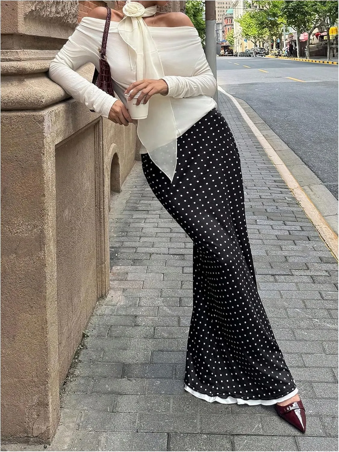 Verdusa Women's Polka Dots Maxi Skirt Low Rise Contrast Trim Long Fishtail Skirt