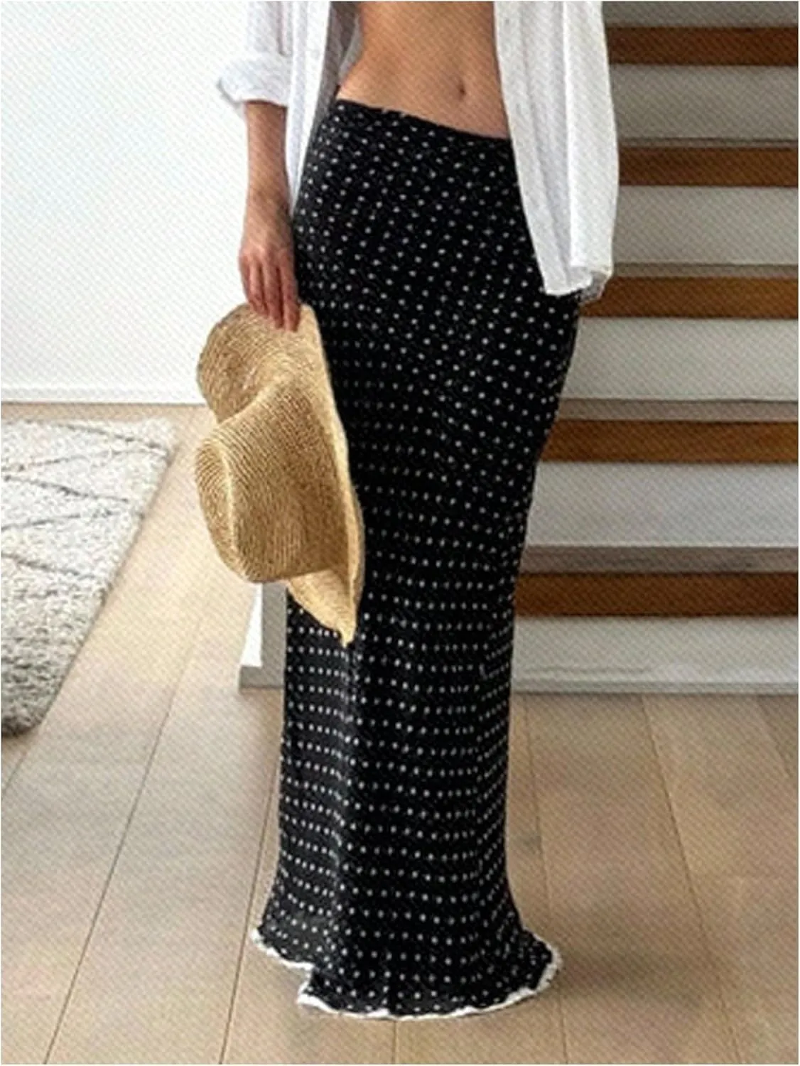 Verdusa Women's Polka Dots Maxi Skirt Low Rise Contrast Trim Long Fishtail Skirt