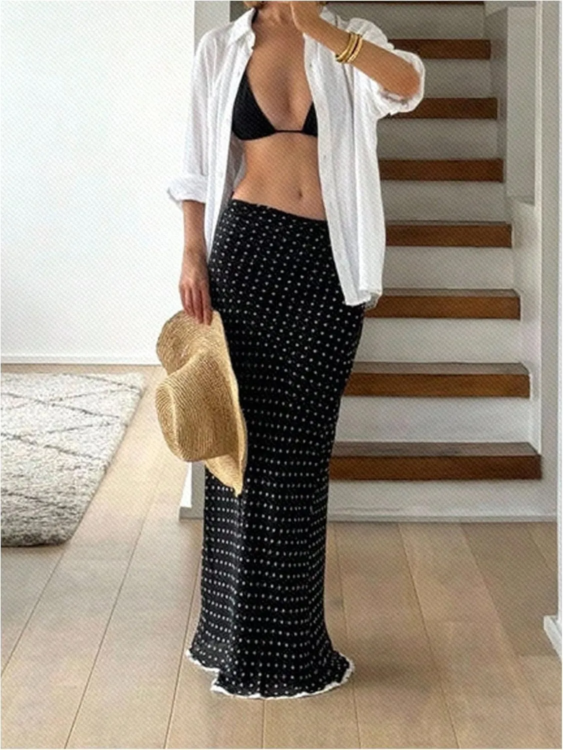 Verdusa Women's Polka Dots Maxi Skirt Low Rise Contrast Trim Long Fishtail Skirt