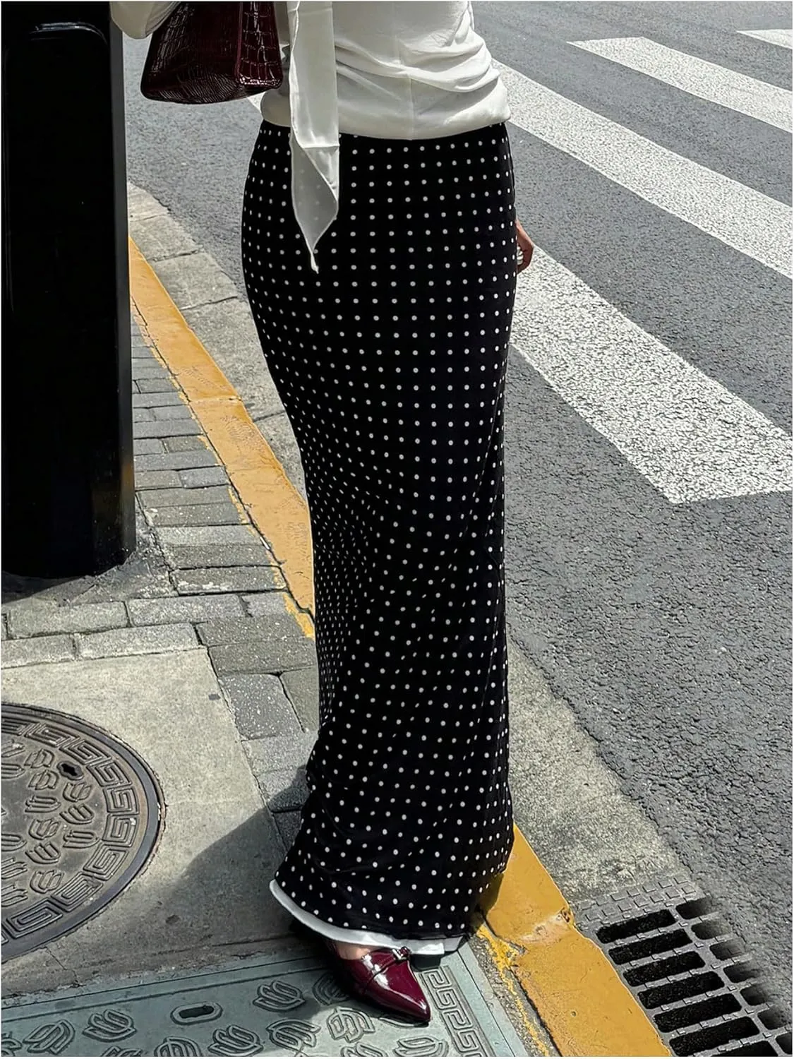 Verdusa Women's Polka Dots Maxi Skirt Low Rise Contrast Trim Long Fishtail Skirt