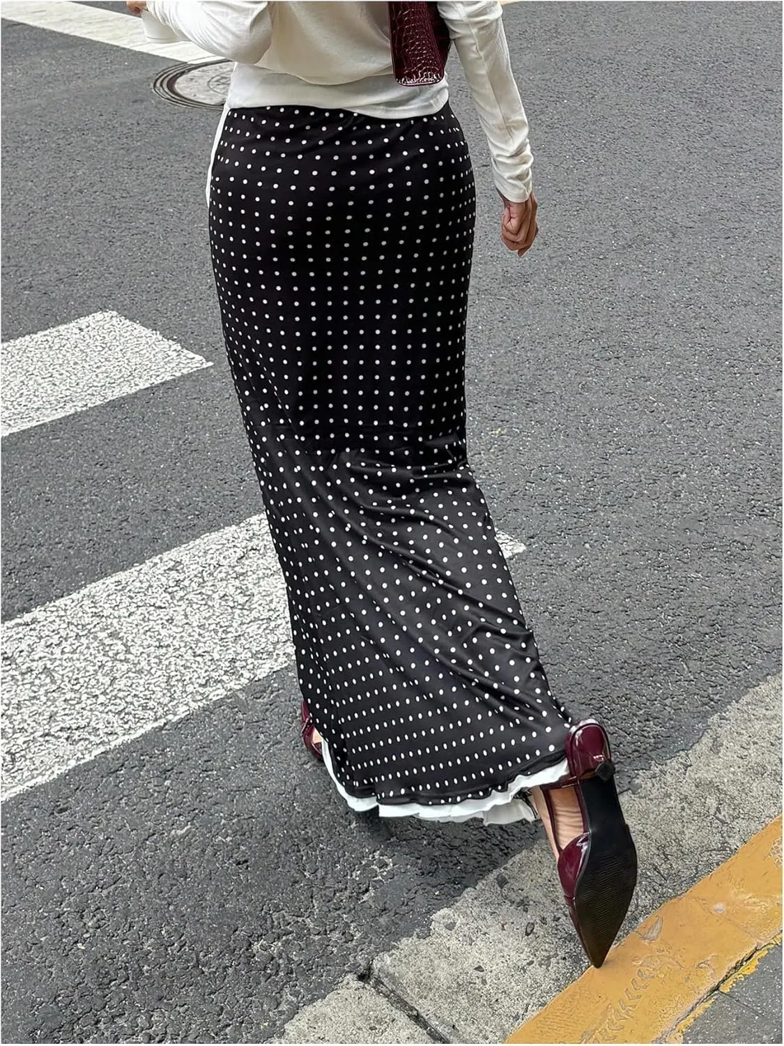 Verdusa Women's Polka Dots Maxi Skirt Low Rise Contrast Trim Long Fishtail Skirt